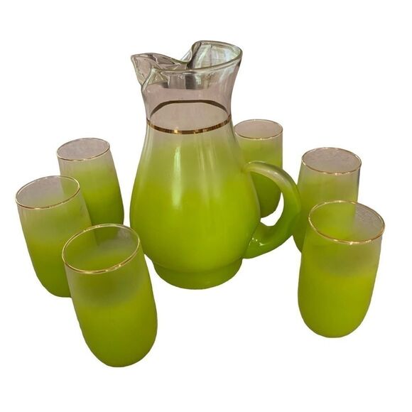 Vintage MCM Kitchen Blendo Lime Green Pitcher 6 Glass Set - Picture 10 of 10